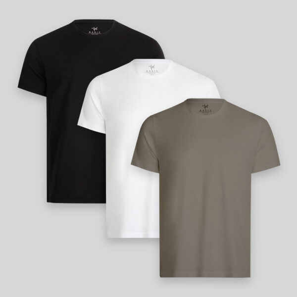 Pack de 3 polos Hombre Cuello Redondo Blanco / Negro / Verde Militar