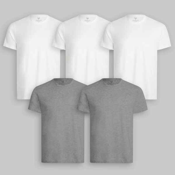 Pack de 5 polos Cuello Redondo Blanco / Plomo Melange
