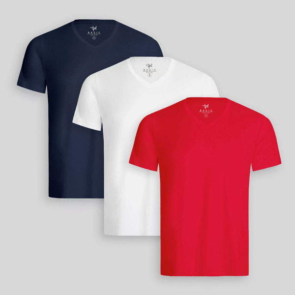Pack de 3 polos Hombre Cuello V Blanco / Azul Oxford / Rojo Flama
