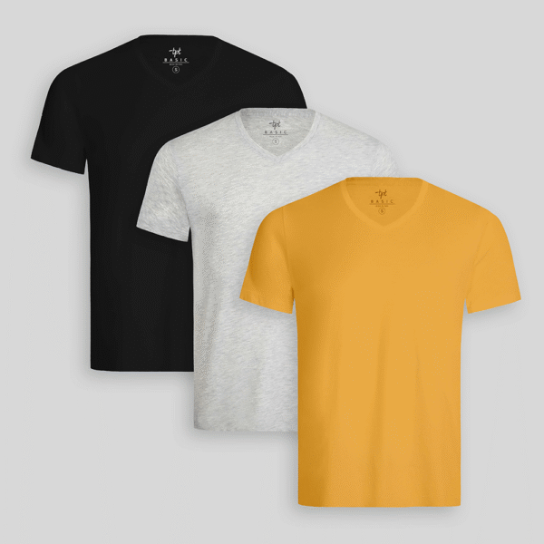 Pack de 3 polos Hombre Cuello V Gris Poly / Negro / Mostaza Golden