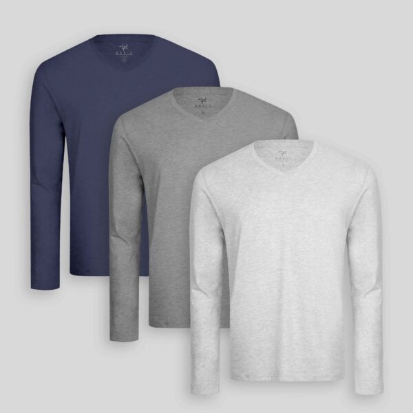 Pack de 3 polos manga larga Cuello V Gris Poly / Azul Oxford / Plomo Melange