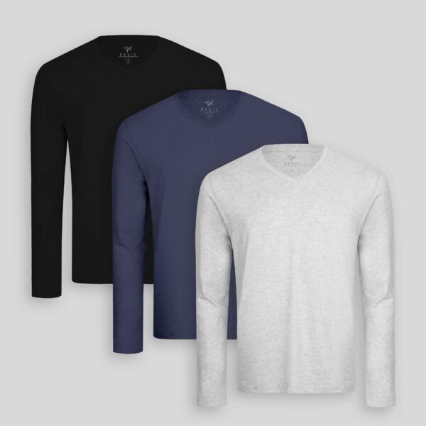 Pack de 3 polos manga larga Cuello V Gris Poly / Negro / Azul Oxford