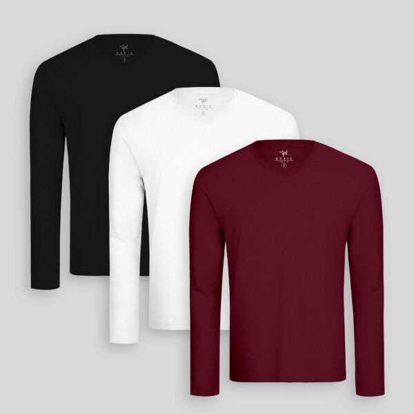 Pack de 3 polos manga larga Cuello V Blanco Optico / Negro / Guinda Sombra